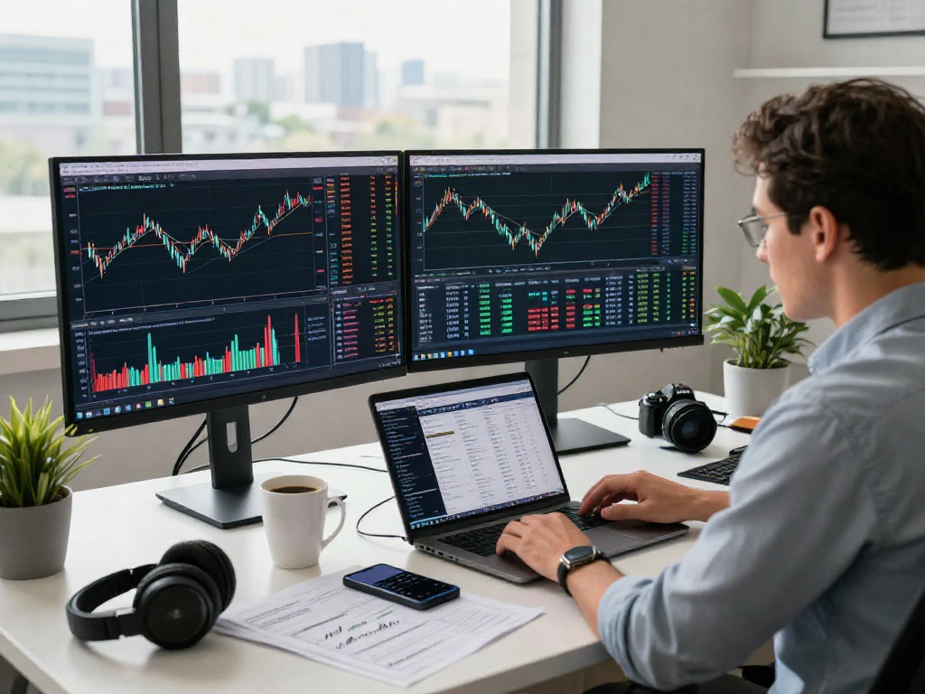 Trader analyzing TradingView charts and notifications in a professional workspace