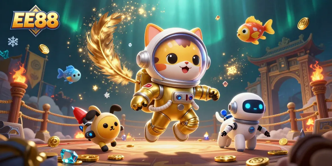 Experience the excitement of EE88 in this dynamic 3D casino scene featuring alien and astronaut characters.