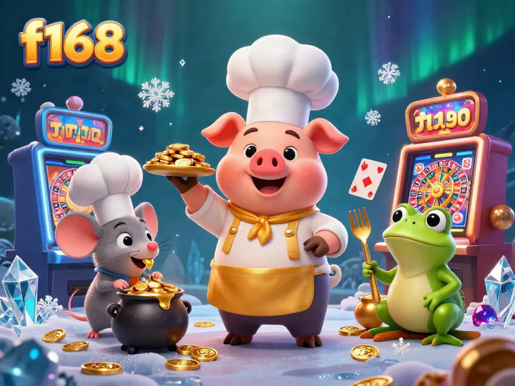 f168 showcases a vibrant 3D casino scene with a chef pig presenting gold coins amid dynamic game elements.