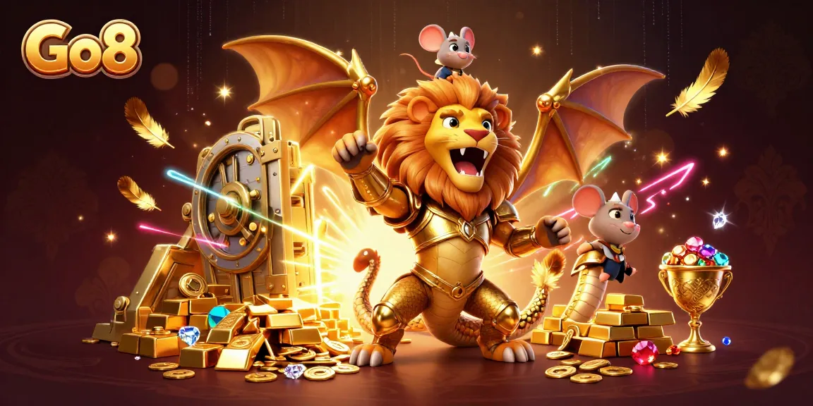 Engage with Go8's thrilling casino experience featuring a golden chimera and rich treasures.