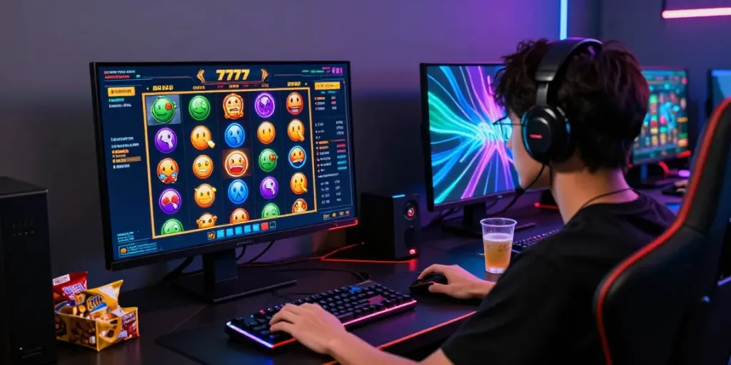 Permainan slot777 yang menarik dengan antarmuka komputer modern dan lampu LED yang menciptakan suasana energik.