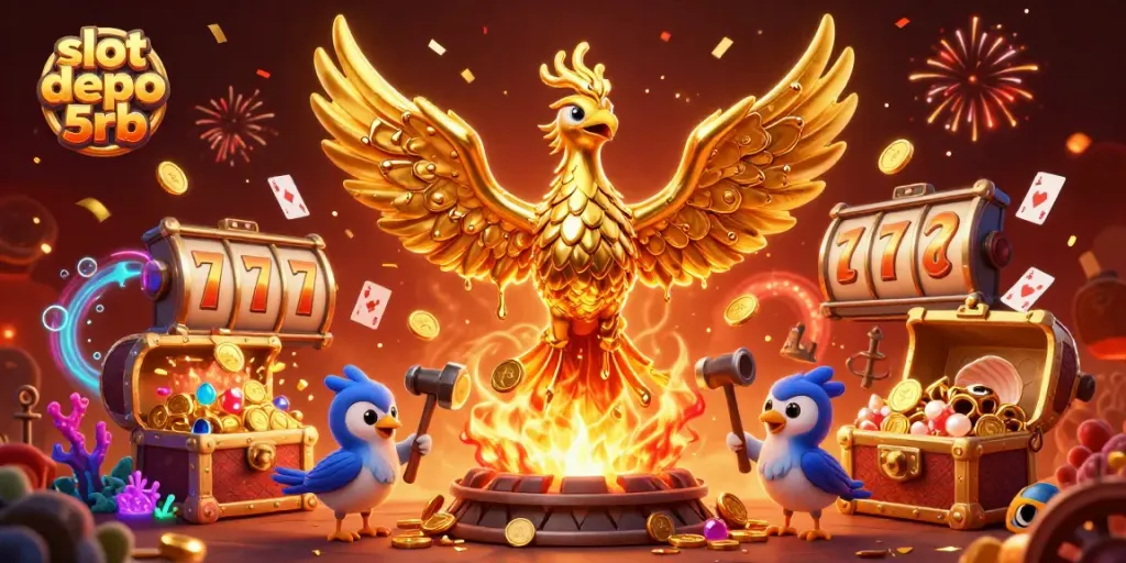 Engage with slot depo 5rb as a golden phoenix emerges from the forge, showcasing exciting gaming elements.