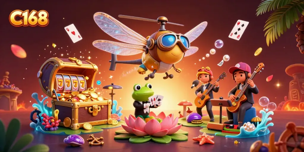 Experience the dazzling C168 casino scene with a dynamic dragonfly pilot and frog croupier amid vibrant slots.