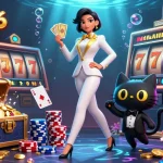 Nohu86 showcases vibrant casino action with a glamorous character and a playful cat in stunning detail.