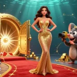 Nohu90 jackpot scene with gold bars, jewels, and a glamorous woman surrounded by treasure.