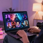 User engaged in ai chat nsfw with vibrant interface and diverse character options in a cozy modern space.