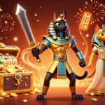 Immerse in hitclub's vibrant gaming world with an Anubis warrior amidst dazzling slots.