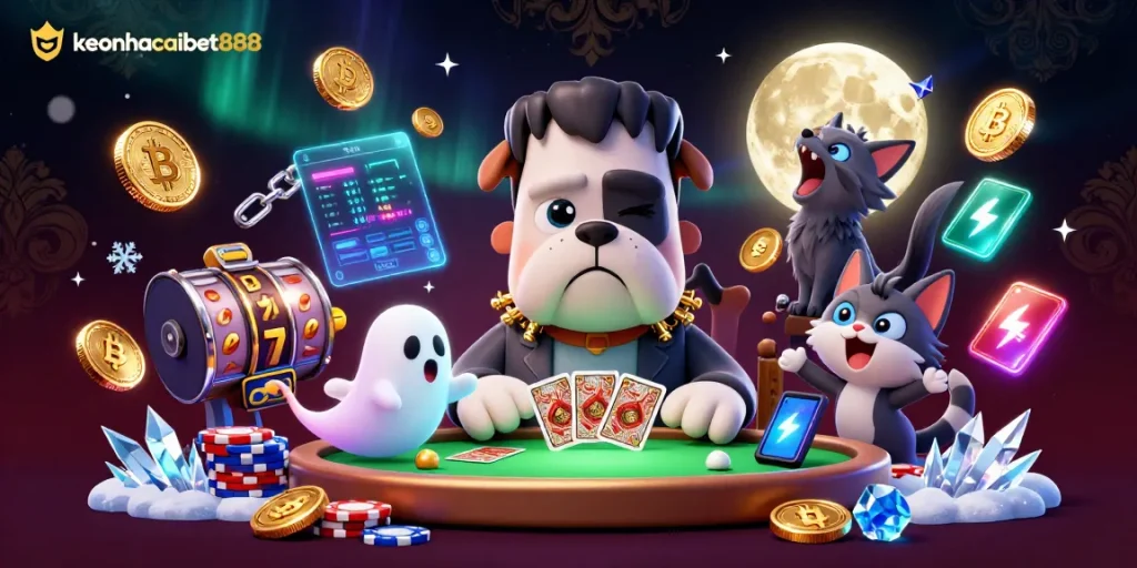 Engage with keonhacaibet888 as a Frankenstein bulldog monster deals cards, surrounded by lively casino elements.