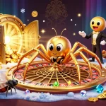 vn168 features a golden spider spinning a roulette wheel web as a fly nervously bets in an online casino.