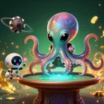 Experience thrilling poker adventure with m88 as a cartoon alien octopus spins holographic chips in an exciting scene.