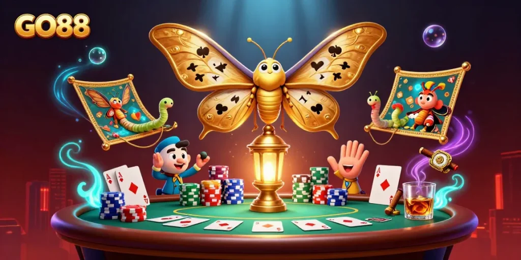Experience thrilling gameplay with GO88 in a vibrant casino scene featuring a majestic moth and poker elements.