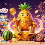 Spin and win on tt88 with a vibrant, cartoon-themed casino scene featuring a golden pineapple king.