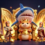 Le roi hamster en or trône sur sa dent de requin, entouré de trésors des casinos en ligne.
