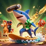 Découvrez les casinos en ligne avec un requin marale glamour sur un océan de pièces d'or, symboles d'aventure.