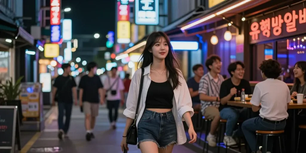 유흥밤알바의 밤거리에서 즐거운 시간을 보내는 젊은 여성의 모습