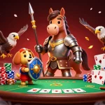Experience thrilling gameplay with Sunwin, featuring poker elements and cartoon knight characters in a vibrant casino scene.