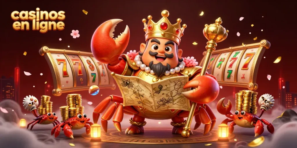 Des jeux de casinos en ligne avec des machines à sous et un empereur crabe doré captivant la scène.