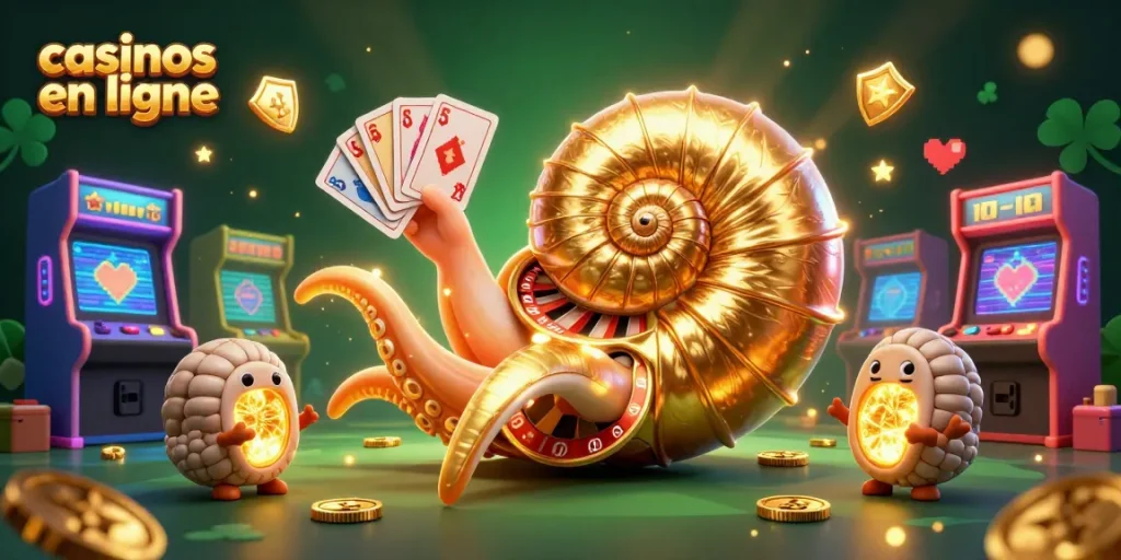 Illustration 3D montrant un nautile géant à roulette, symbolisant les casinos en ligne, entouré de machines colorées.