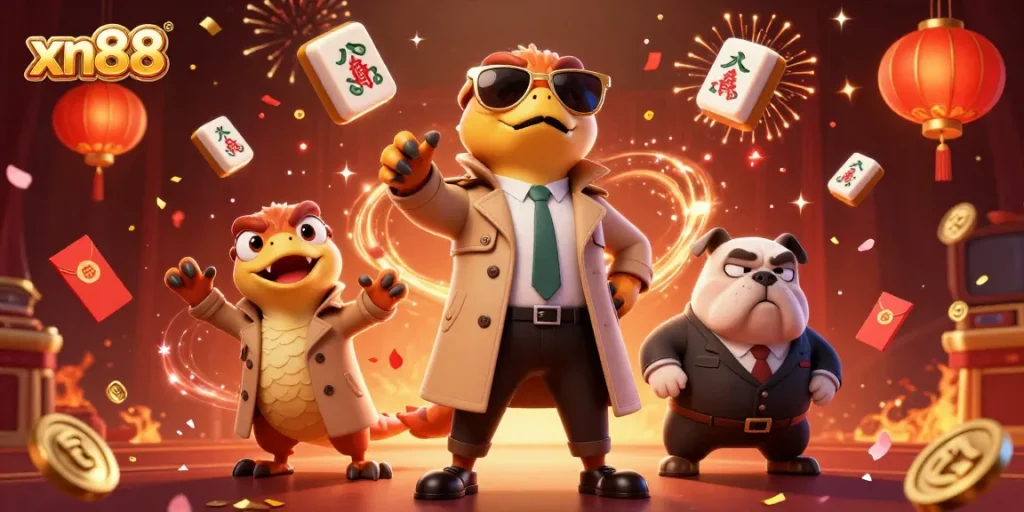 Experience the excitement of xn88 with playful raptors and festive gambling elements in a vibrant casino scene.