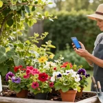 Gardener setting up RainPoint wifi timer in a vibrant garden, optimizing plant care.