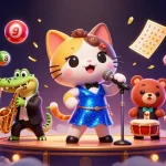 Experience the thrilling world of pgslot with energetic cartoon characters in a vibrant casino scene.