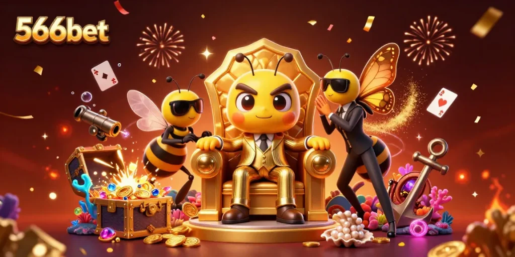 Engage with thrilling games at 566bet's vibrant 3D casino illustration featuring exciting characters.