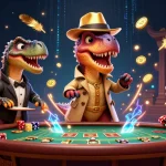 Gagnez avec des casinos en ligne, illustration de jeux captivante avec un velociraptor au blackjack.