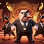 Bosjoko casino scene illustrating a mafia boss bulldog with bodyguards amidst dynamic gambling elements.