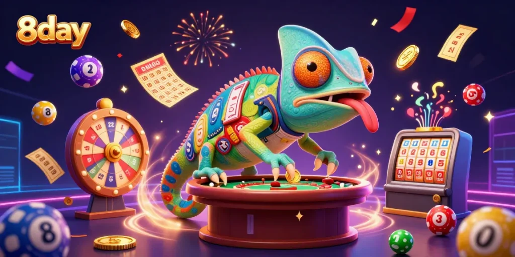 Engage with 8day's vibrant casino experience, illustrated with a energetic chameleon owner and dynamic game elements.