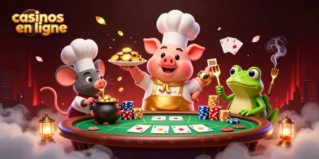 Jouer dans des casinos en ligne avec un chef, une souris et une grenouille servant des pièces en or.