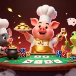 Jouer dans des casinos en ligne avec un chef, une souris et une grenouille servant des pièces en or.
