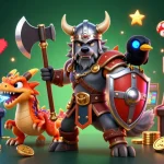 Illustration dynamique de casino en ligne France légal avec un loup viking, dragon et éléments de jeu.