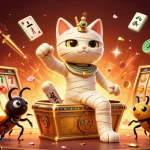 Jouez aux casinos en ligne avec une illustration captivante comprenant un chat momie et des éléments de jeux.