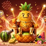 Jouez aux casinos en ligne avec le roi des fruits et ses gardes dans une scène festive colorée.