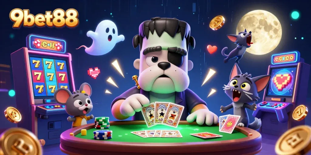 Engage with thrilling slot adventures at 9bet88 while the signature bulldog dealer interacts with players.