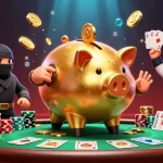 Illustration dynamique illustrant des jeux dans des casinos en ligne avec un grand cochon tirelire sumo et un ninja.