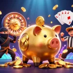 Jouez à poker ligne avec cette illustration dynamique mettant en scène un sumo et un ninja dans un décor de casino.