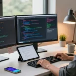 NAGA2000 software development workspace with multiple monitors and a developer in action.