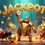 Visuel captivant de casinos en ligne illustrant un scarabée en armure dorée avec des jetons de poker, ambiance festive et animations lumineuses.