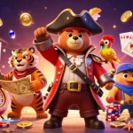 Experience the thrill of KK55 as pirate characters engage with casino games amidst floating coins and vibrant elements.
