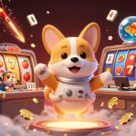 Immerse in the nohu90vn online casino world with an astronaut corgi amidst vibrant 3D gambling elements.