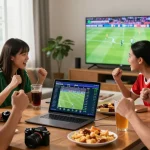 Friends engaging in online betting on Gacor25 during the 2026 World Cup.