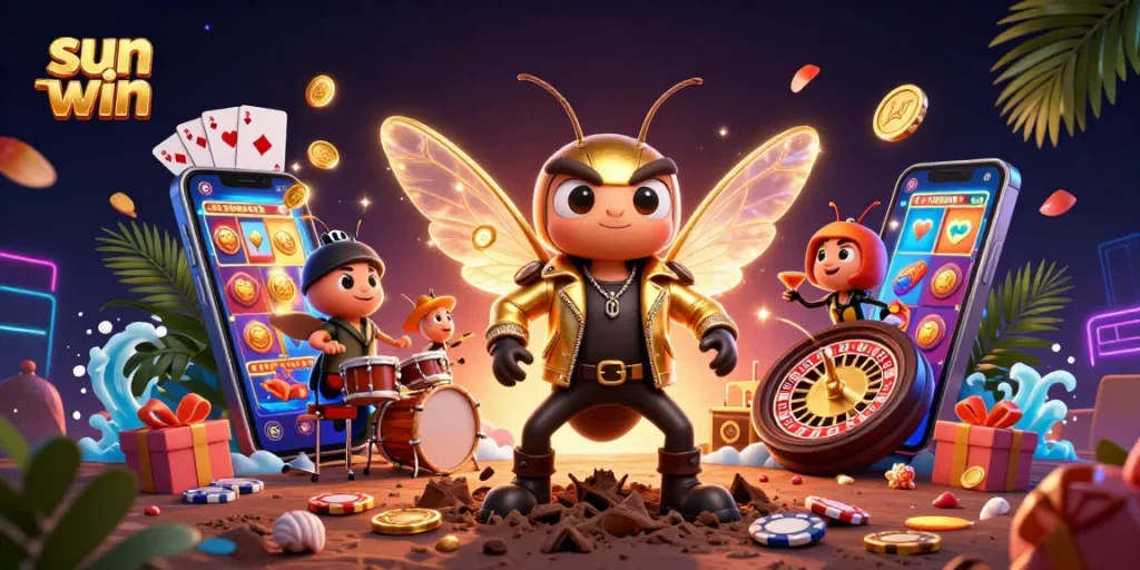 Experience thrilling wins at sun win with a lively 3D casino scene featuring animated characters and vibrant gaming elements.