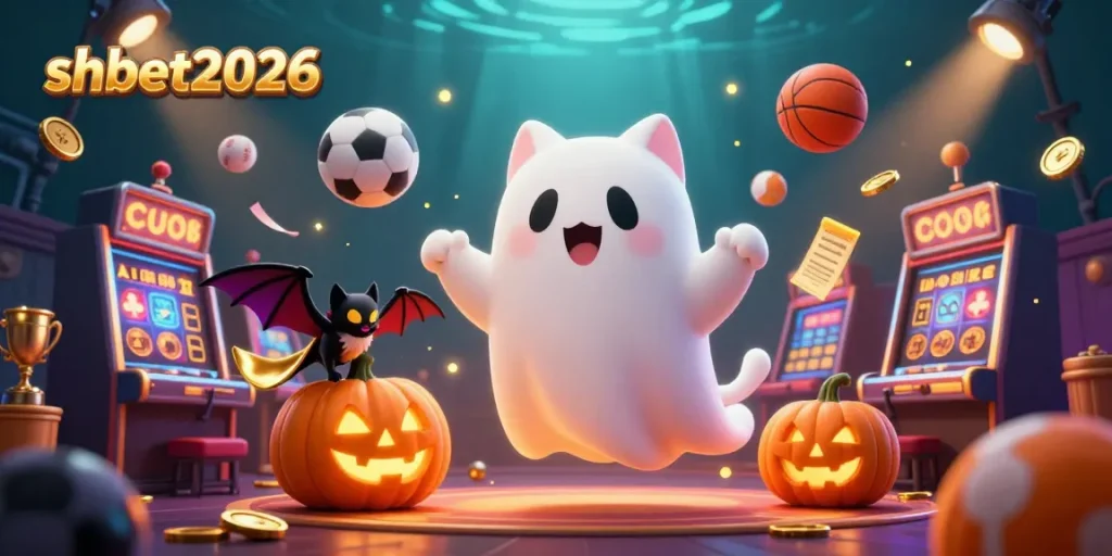 Experience the thrill of shbet2026 with a lively ghost cat and dynamic casino elements.