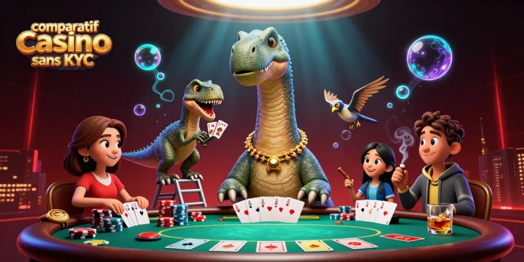 Comparatif casino sans KYC : un brontosaurus gigantesque surplombant une table de poker animée avec un raptor en action.