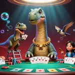 Comparatif casino sans KYC : un brontosaurus gigantesque surplombant une table de poker animée avec un raptor en action.