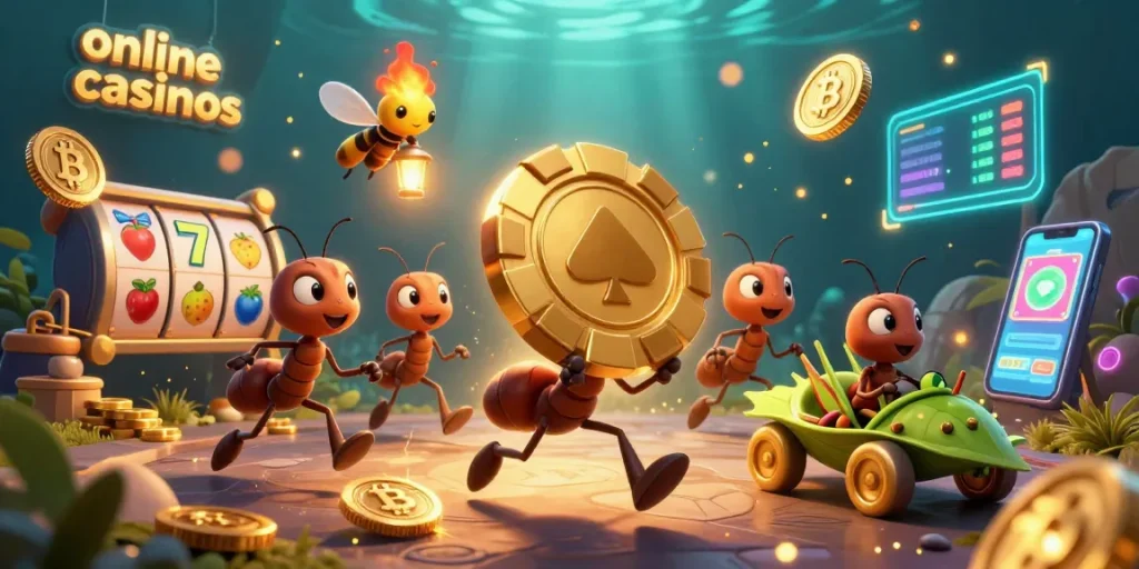 Exciting online casinos scene with ants heisting golden poker chip and crypto elements.