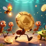 Exciting online casinos scene with ants heisting golden poker chip and crypto elements.