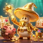 Les joueurs profitent de leur expérience de jeu dans un casino en ligne retrait instantané, entourés de champignons et de trésors.