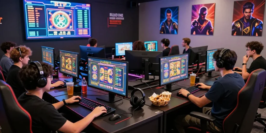Interactive gaming scene featuring enthusiastic players at https://gravatar.com/playbook88official showcasing vibrant SLOT Online visuals.